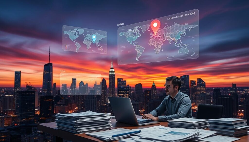 A bustling city skyline at dusk, with skyscrapers and office buildings illuminated against a vibrant orange and purple sky. In the foreground, a researcher sits at a desk, laptop open, surrounded by stacks of papers and analytics dashboards. Holographic maps and location-based data visualizations float in the air, providing insights into local search trends and user behavior. The scene conveys a sense of focused, data-driven research to uncover the most effective location-based keywords for search engine optimization.