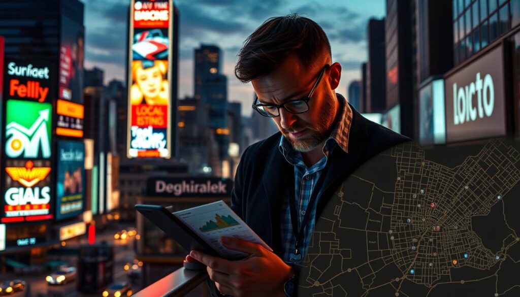 A bustling city skyline at dusk, with vibrant neon signs and digital billboards highlighting local businesses. In the foreground, a strategist pores over a tablet, planning a local SEO campaign for a US-based company. The scene is dimly lit, with warm, golden tones casting an air of focus and determination. The middle ground features a directory of local listings, with icons and data visualizations showcasing key metrics. In the background, a map of the city pulses with location-based insights, guiding the strategic decision-making process. The overall atmosphere conveys the importance of tailoring a comprehensive local SEO strategy to drive visibility and engagement for US-based enterprises.