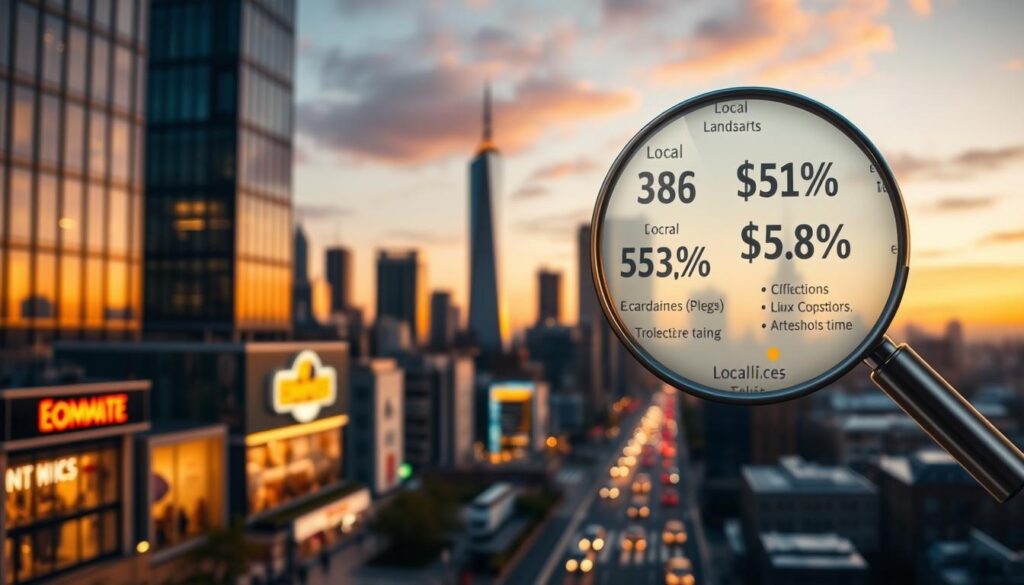 A bustling city skyline at golden hour, with a vibrant e-commerce store's neon sign beaming in the foreground. In the middle ground, a magnifying glass highlights key local landmarks and statistics, showcasing the impact of targeted local SEO strategies. The background features a blurred map of the region, emphasizing the importance of hyper-local optimization for e-commerce businesses seeking to dominate their target markets in the US and UK. Warm lighting, cinematic angles, and a sense of energy and opportunity convey the transformative power of effective local SEO.