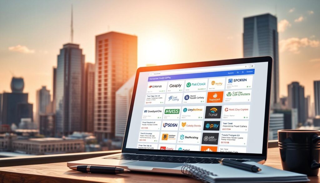 A bustling city skyline with modern high-rise buildings, under a bright, warm afternoon sun. In the foreground, a laptop screen displays a grid of local business listings, their logos and names prominently featured. The screen is surrounded by a variety of office supplies - a pen, a notebook, a cup of coffee. The overall scene conveys a sense of productivity, efficiency, and a focus on finding and engaging with local enterprises. The image has a sharp, detailed style with a clean, professional aesthetic.
