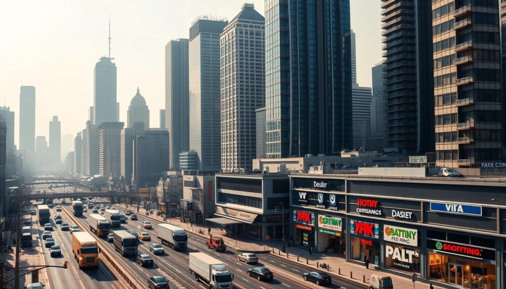 A bustling city skyline, with towering skyscrapers casting long shadows across the urban landscape. In the foreground, a tangled web of traffic, delivery trucks, and commuters, representing the logistical challenges of managing multiple business locations. The middle ground features various storefronts, each with unique signage and branding, symbolizing the need for cohesive brand identity and operational coordination across dispersed sites. The background is shrouded in a hazy, overcast atmosphere, suggesting the complexities and uncertainties inherent in overseeing a geographically distributed enterprise. Warm-toned lighting filters through the scene, creating a sense of urgency and the pressure to navigate these location management challenges effectively.