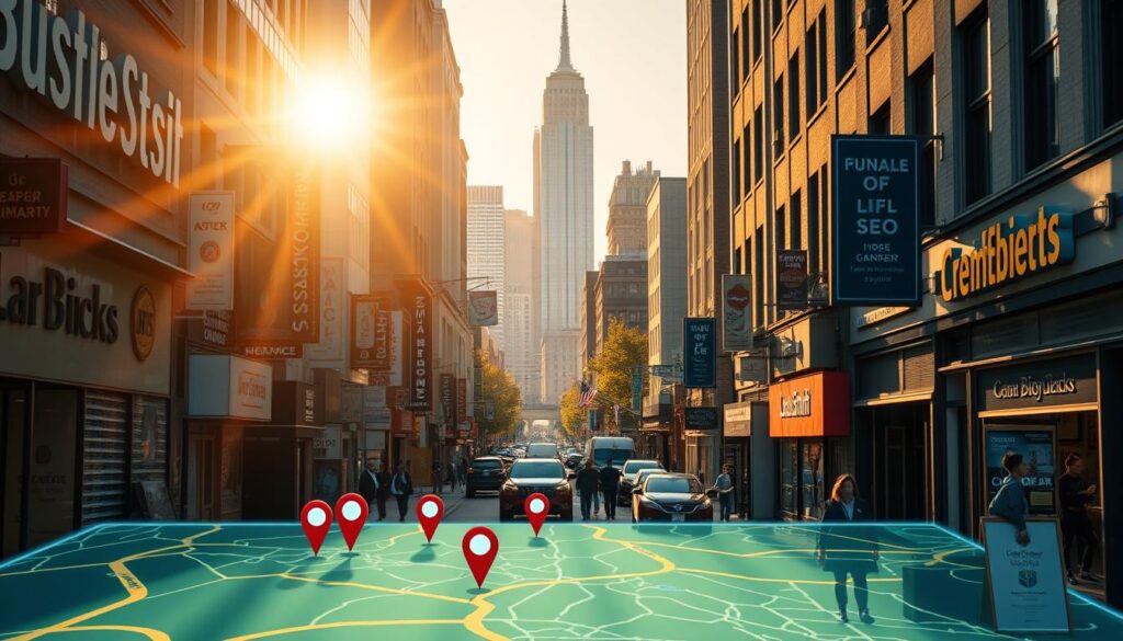 A bustling city street lined with local businesses, their signage and storefronts prominently displayed. In the foreground, a digital map glows with pins marking the locations of nearby enterprises. Overhead, a warm, golden sun illuminates the scene, casting long shadows and creating a sense of energetic activity. In the middle ground, pedestrians and vehicles move about, highlighting the importance of physical presence and foot traffic for successful local SEO. The background features a skyline of iconic American architecture, reinforcing the geographic focus. The overall mood is one of vibrant, thriving commerce and the importance of optimizing a business's visibility within its local community.