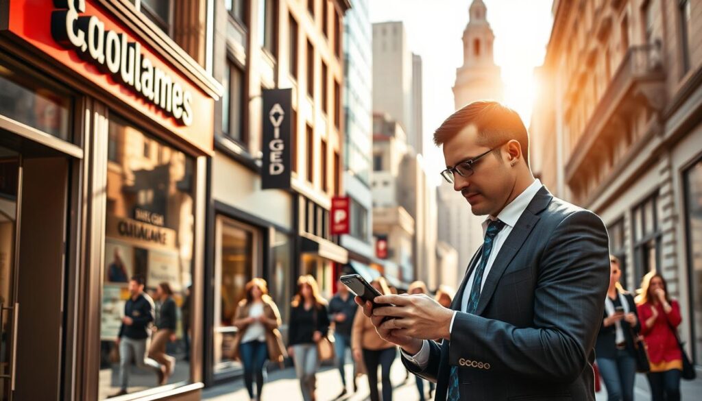 A bustling city street lined with storefronts, the facade of a local business prominently displaying its name and services. In the foreground, a well-dressed professional, smartphone in hand, examining a digital directory of nearby establishments. The middle ground features pedestrians strolling by, some pausing to consult their phones, indicating the importance of online visibility and citation building for these local enterprises. The background is a mix of modern architecture and historic landmarks, conveying a sense of community and commercial vitality. Warm afternoon sunlight filters through the scene, creating a welcoming and vibrant atmosphere. The composition emphasizes the integration of digital and physical spaces, highlighting the need for local businesses to establish a strong online presence through effective citation building.