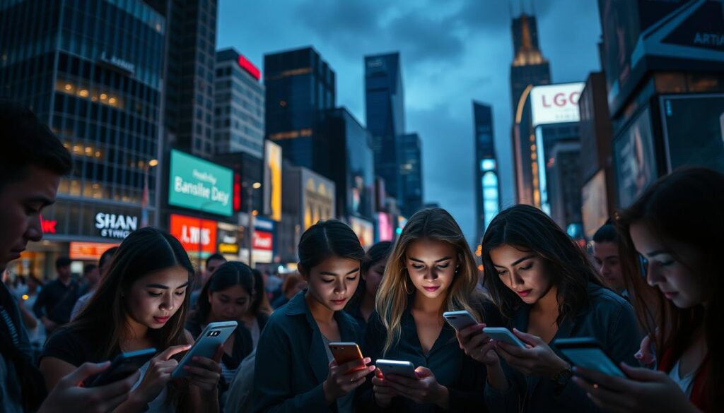 A bustling cityscape at dusk, neon-lit streets and towering skyscrapers setting the stage. In the foreground, a group of people engrossed in their mobile devices, fingers flicking across the screens, faces illuminated by the glow. Diverse expressions - focused, distracted, entertained. A snapshot of modern urban mobile user behavior, captured in a moody, cinematic style with dramatic backlighting and subtle depth of field. The sense of motion and digital engagement juxtaposed against the static, architectural environment. Conveying the ubiquity and importance of mobile technology in the lives of today's on-the-go consumers.