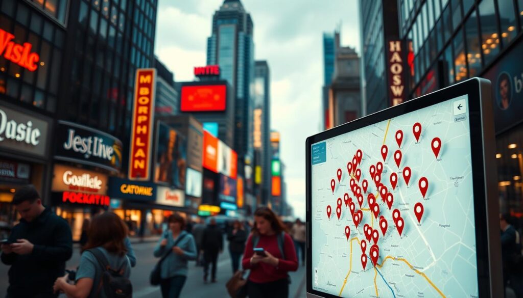 A bustling cityscape with towering skyscrapers and neon-lit storefronts, capturing the vibrant energy of a thriving local business district. In the foreground, a glowing computer screen displays a detailed map with numerous location pins, representing the visibility and connections of a robust local search strategy. The mid-ground features pedestrians navigating the streets, their phones in hand, searching for nearby services and products. Warm, diffused lighting casts a welcoming glow, while a subtle depth of field keeps the focus on the central screen, symbolizing the power of local backlinking to enhance a business's online presence and drive growth.
