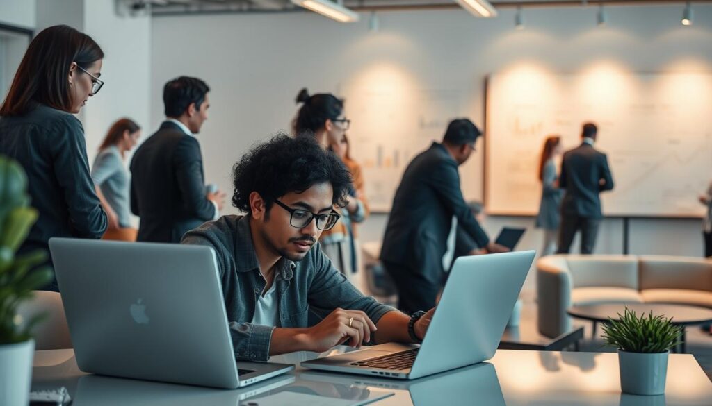 A bustling office scene, with a team of professionals diligently managing online reviews. In the foreground, a person intently scrutinizes a laptop screen, navigating review platforms with focused attention. Surrounding them, colleagues collaborate, analyzing customer feedback and crafting strategic responses. In the middle ground, a large whiteboard displays metrics and insights, illuminated by warm, diffused lighting. The background showcases a modern, minimalist workspace, with sleek furniture and clean lines, conveying a sense of efficiency and professionalism. The overall atmosphere is one of proactive engagement, where the team meticulously manages their online reputation, ensuring a positive and transparent customer experience.