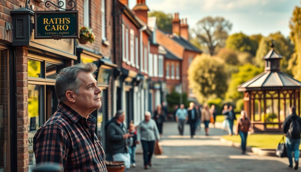 A bustling small town in the UK, with charming brick buildings, quaint shop fronts, and a vibrant high street. In the foreground, a local business owner standing outside their shop, deep in thought, contemplating their local SEO strategy. The middle ground features passersby, locals and tourists alike, going about their day. In the background, a well-maintained park with lush greenery and a picturesque gazebo. The scene is illuminated by warm, golden natural light, creating a inviting and nostalgic atmosphere. The overall mood conveys the importance of local SEO for UK small businesses to thrive in their community.