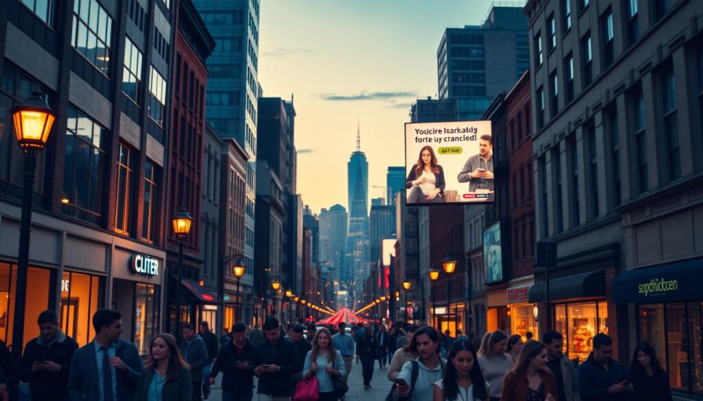 A bustling urban neighborhood at dusk, with a mix of modern and historic buildings lining the streets. Warm street lamps cast a soft glow, illuminating the sidewalks and storefronts. In the foreground, a group of pedestrians walks purposefully, their attention focused on their smartphones, representing the digital connection to the local community. In the middle ground, a digital billboard displays targeted advertisements, tailored to the specific demographics and interests of the neighborhood. In the background, the skyline rises, hinting at the broader city context, while the color palette and lighting create a sense of intimacy and belonging, capturing the essence of local targeting in digital marketing.
