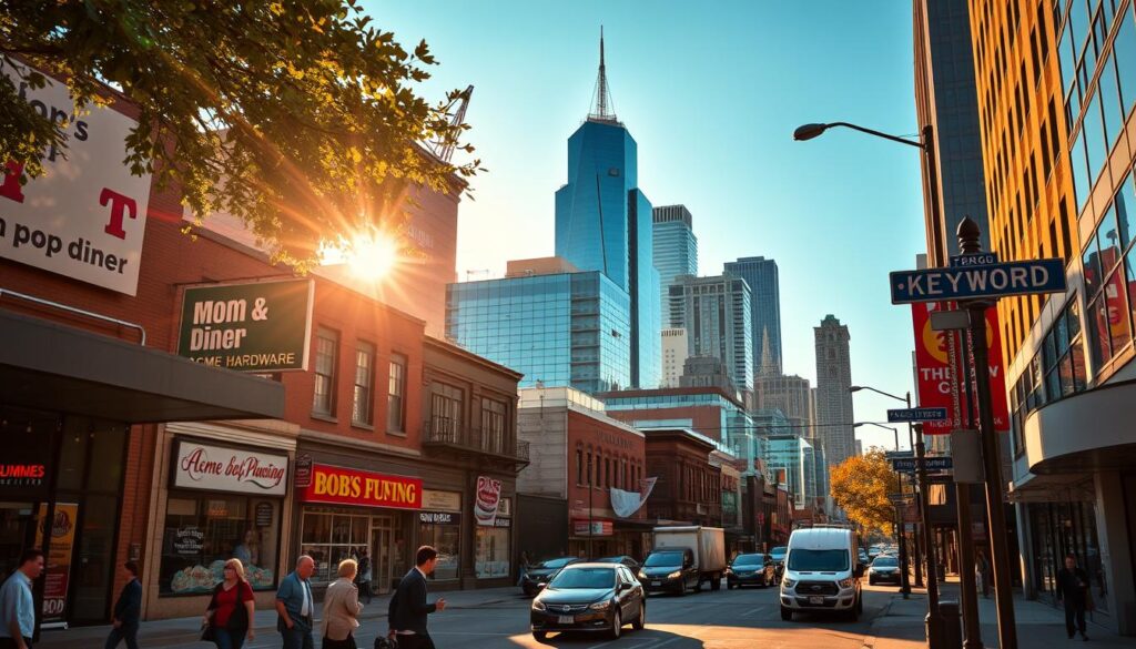 A busy city street intersection with storefronts, billboards, and street signs displaying local keywords like "Mom & Pop Diner", "Acme Hardware", and "Bob's Plumbing". The scene is illuminated by warm, golden sunlight filtering through the trees, casting long shadows on the bustling sidewalks. In the foreground, pedestrians hurry past, while cars and trucks navigate the traffic. The middle ground features a mix of brick and glass buildings, their facades adorned with neon signs and hand-painted murals. In the background, towering skyscrapers and a clear blue sky create a sense of depth and urban density. The overall atmosphere conveys the vibrant, energetic nature of a thriving local business district.
