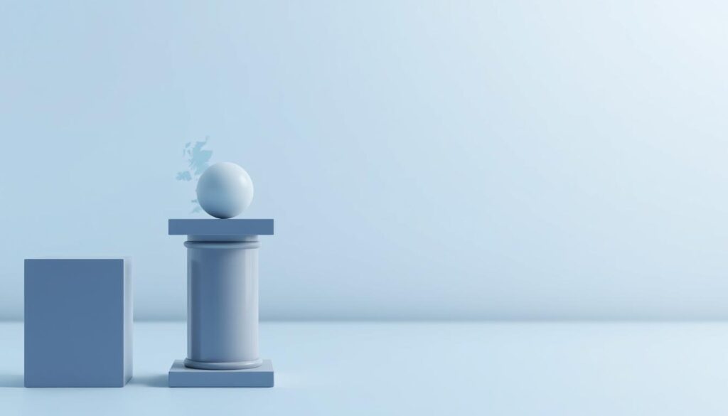 A contemporary illustration of the three pillars of local SEO strategy for small businesses in the UK. The image depicts a minimalist design with a clean, professional aesthetic. In the foreground, three distinct pillars represented by solid geometric shapes - a cube, a sphere, and a pyramid - stand in a row, symbolizing the key elements of a successful local SEO strategy: on-page optimization, off-page optimization, and local citation building. The middle ground features a stylized map of the UK with major cities and regions highlighted, emphasizing the local focus. The background showcases a soft, ethereal gradient in muted tones of blue and gray, conveying a sense of authority and trustworthiness. The lighting is soft and diffused, creating a cohesive, high-quality visual representation of the subject matter.