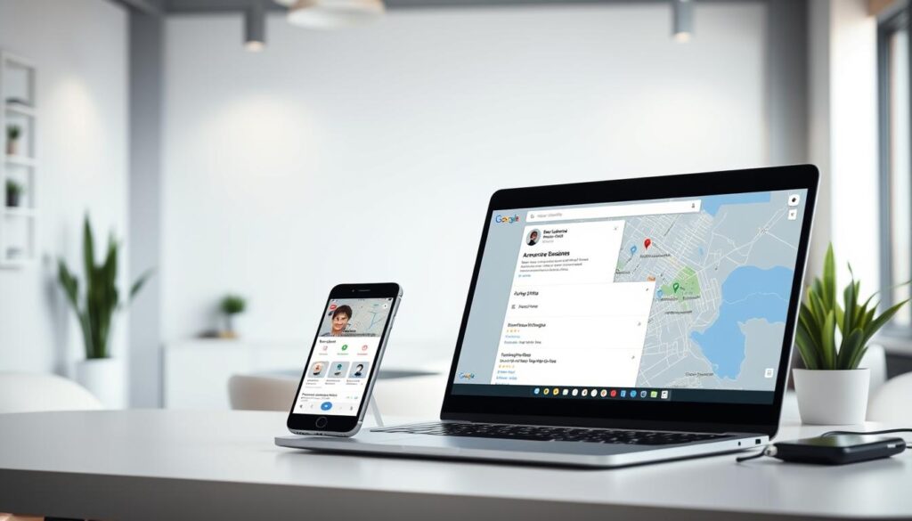 A crisp, well-lit desktop scene showcasing an optimized Google Business Profile. In the foreground, a laptop displays a detailed profile with a compelling cover photo, accurate business information, and eye-catching highlights. The middle ground features a smartphone displaying the Google Maps interface, with the business listing prominently featured. In the background, a clean, minimalist office environment with hints of greenery and modern decor sets the tone. Soft, directional lighting creates depth and accentuates the digital elements. The overall atmosphere conveys a sense of professionalism, attention to detail, and a strong online presence for the business.