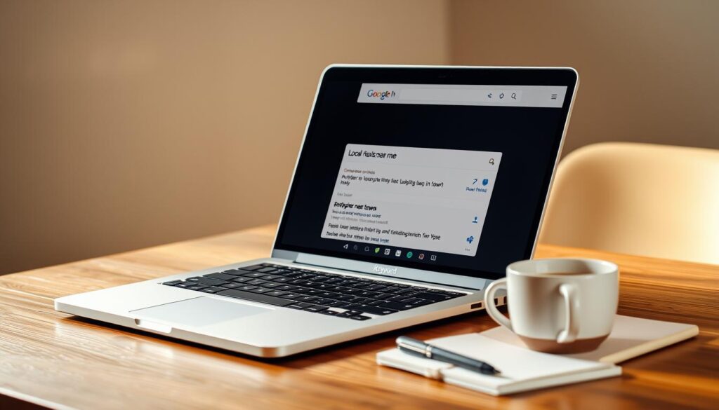 A crisp, well-lit photograph of a laptop computer placed on a wooden table, with a mug of coffee and a notebook next to it. The laptop's screen displays the search results for a local keyword, such as "plumber near me" or "best pizza in town". The image has a warm, inviting atmosphere, with soft, directional lighting highlighting the details of the scene. The background is slightly blurred, creating a sense of depth and focus on the central elements. The overall composition conveys the idea of research, analysis, and a focus on local search optimization.