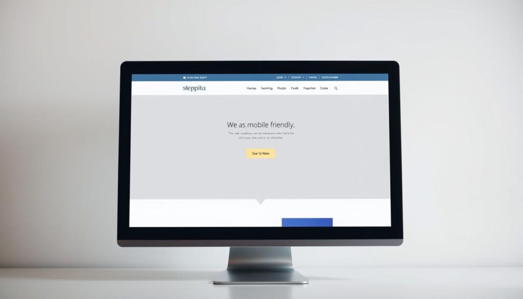 A desktop computer with a responsive, mobile-friendly website displayed on its screen, set against a minimalist background. The website features a clean, modern design with a prominent call-to-action button and subtle branding elements. The lighting is soft and diffused, creating a warm, inviting atmosphere. The camera angle is slightly elevated, giving a sense of professionalism and attention to detail. The overall composition conveys the expertise and care taken in developing a customized, mobile-optimized website.
