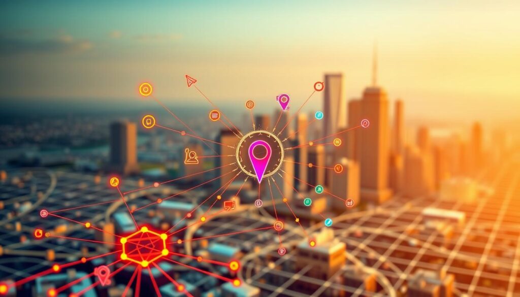 A detailed, intricate illustration of a local search algorithm, depicted as a complex network of interconnected nodes and pathways. The foreground showcases a central algorithm hub, with various data sources and ranking factors flowing into it, represented by vibrant geometric shapes and line structures. The middle ground features a city skyline, symbolizing the local search landscape, while the background depicts a subtle, ethereal grid pattern, suggesting the underlying computational framework. The scene is illuminated by a soft, warm lighting, creating a sense of depth and emphasis on the algorithmic processes. The overall composition conveys the technical nuances and multifaceted nature of local search algorithms and their role in optimizing business visibility.