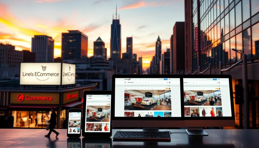 A modern city skyline at dusk, with a focus on a sleek e-commerce website displayed on various digital devices placed in the foreground. The middle ground features local business signage, storefronts, and pedestrians, while the background showcases a vibrant downtown area with skyscrapers and a colorful sunset sky. The lighting is warm and inviting, creating a sense of urban energy and the importance of local search engine optimization for e-commerce success.