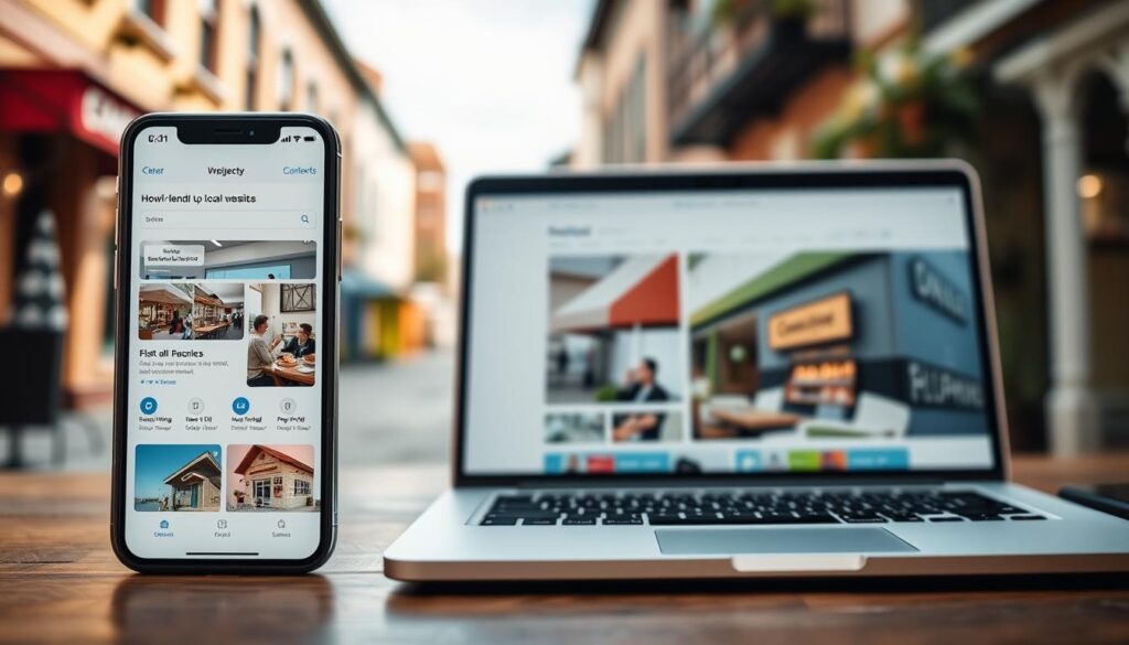 A modern, mobile-friendly local website with a clean, responsive design. The foreground features a smartphone display showcasing the website's intuitive navigation, high-quality images, and seamless user experience. In the middle ground, a laptop screen shows the website's content management system, highlighting its ease of use for small business owners. The background depicts a cozy, neighborhood street with local shops and buildings, conveying a sense of community and the website's relevance to the local area. The lighting is soft and natural, creating a welcoming atmosphere. The camera angle is slightly elevated, providing a comprehensive view of the technical and visual aspects of the mobile-friendly local website.