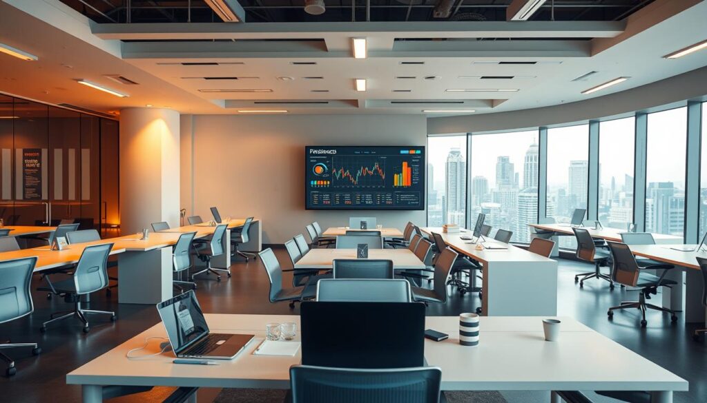 A modern office interior with sleek, minimalist desks and chairs arranged in a grid-like layout. Warm, focused lighting illuminates the space, casting clean shadows and highlighting the crisp lines of the furniture. In the foreground, a laptop and various productivity tools sit neatly organized, symbolizing the efficient workflow. The middle ground features a large monitor displaying real-time analytics and performance metrics, reflecting the data-driven nature of the business. The background showcases a panoramic window with a view of a bustling city skyline, conveying a sense of connectivity and a larger ecosystem. The overall atmosphere is one of streamlined productivity, technological integration, and a forward-thinking approach to managing multiple business locations.