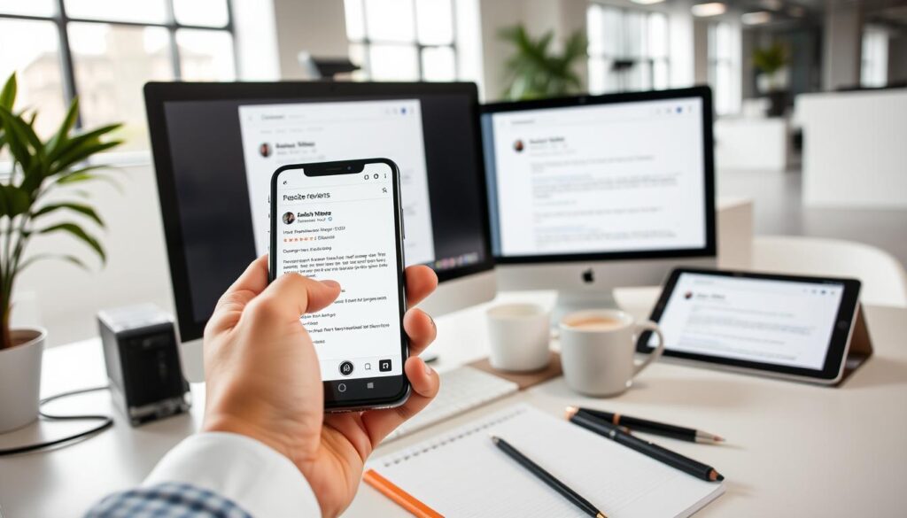 A modern office setting with a professional-looking desktop computer, a smartphone, and a tablet displaying customer reviews. The foreground features a hand scrolling through positive and negative reviews on the device screens, conveying the process of managing customer feedback. The middle ground showcases a clean, minimalist desk with a mug of coffee, a notebook, and a pen, creating a productive, organized atmosphere. The background depicts a bright, airy room with large windows, offering a sense of openness and natural light. The overall scene should reflect the importance of effectively managing and responding to customer reviews to optimize a Google My Business listing.