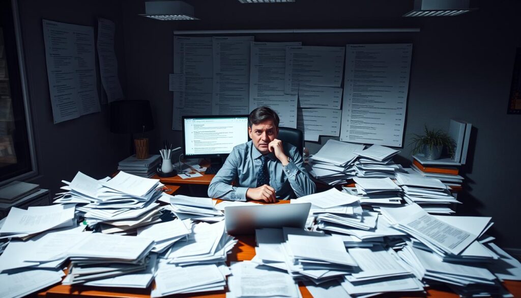 A modern office setting with an overflowing desk, papers and files scattered haphazardly, a computer monitor displaying jumbled search results, and a confused businessman sitting amidst the chaos. The lighting is harsh, casting dramatic shadows that accentuate the sense of disorganization. The overall mood is one of frustration and inefficiency, conveying the consequences of poor local keyword targeting. The scene is captured from a slightly elevated angle, giving the viewer a sense of being an observer of this problematic situation.