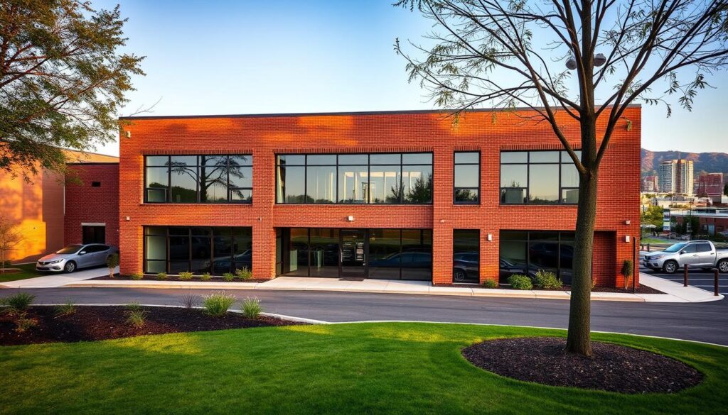 A modern, two-story brick building with large glass windows and a well-maintained facade. The structure has a professional, authoritative appearance, conveying a sense of legitimacy and trustworthiness. In the foreground, a well-manicured lawn and landscaping elements like potted plants or small trees add a touch of sophistication. The mid-ground features a paved parking area with a few cars, suggesting an active, bustling business. The background showcases a vibrant, urban cityscape, hinting at the building's prominent placement within the local community. The lighting is warm and natural, creating a welcoming atmosphere. The overall scene projects an image of a reputable, established local business or organization.