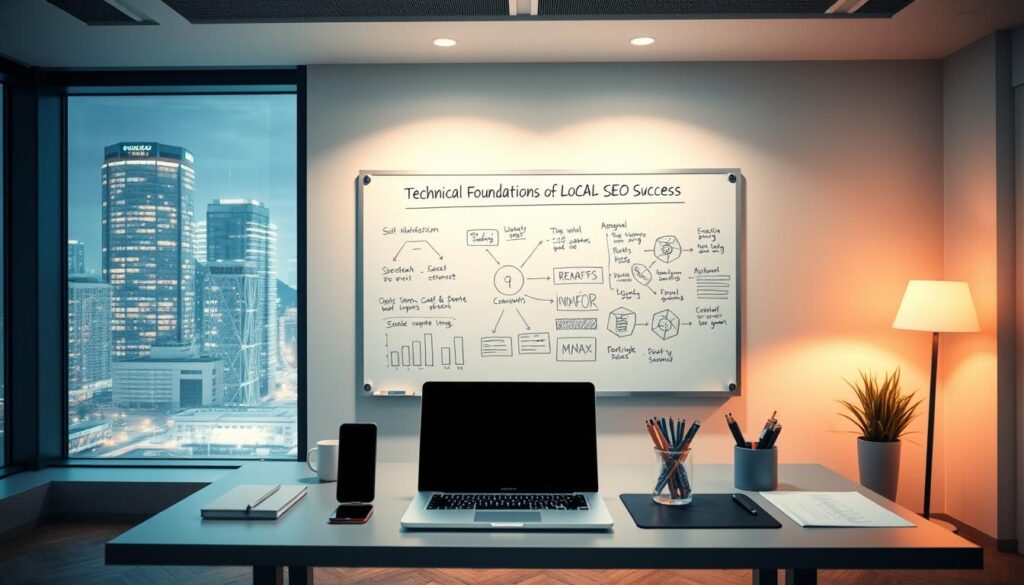 A sleek and modern office workspace, with a large window overlooking a vibrant city skyline. In the foreground, a desk displays a laptop, smartphone, and office supplies, all neatly arranged. The middle ground features a whiteboard covered in technical diagrams and notes, representing the "Technical Foundations of Local SEO Success." The background is softly lit, with warm lighting and a minimalist, clean aesthetic, conveying a sense of professionalism and focus. The overall composition suggests a thoughtful, well-organized approach to local SEO optimization.