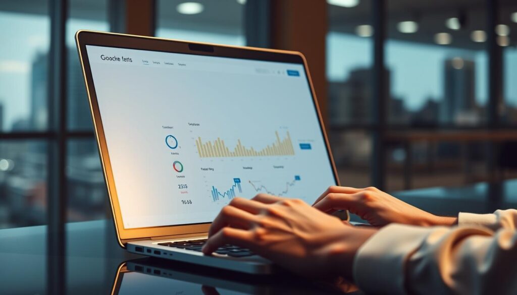 A sleek, modern website interface displayed on a laptop screen, with data analytics and search engine metrics overlaid in a clean, minimalist design. The screen is bathed in soft, warm lighting that emanates from the device, casting a subtle glow on the surrounding desk. The laptop is positioned at a slight angle, with the user's hands poised over the keyboard, conveying a sense of focus and active engagement. In the background, a blurred cityscape or office environment suggests a professional, tech-savvy setting. The overall mood is one of efficiency, optimization, and the seamless integration of website performance and search engine ranking data.