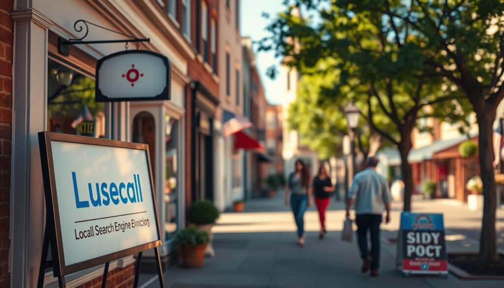 A small local business storefront with a vibrant, sun-lit exterior. In the foreground, a signboard displays the company's name and logo, reflecting its focus on local search engine optimization. The middle ground features pedestrians casually strolling by, highlighting the bustling neighborhood setting. In the background, a row of quaint, historic buildings and trees lining the street create a charming, quintessential small-town atmosphere. The lighting is warm and inviting, with soft shadows accentuating the architectural details. The overall mood conveys the importance of a strong local presence and online visibility for small businesses to thrive in their community.