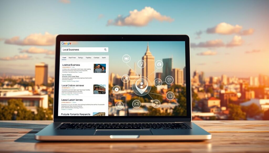 A vibrant digital landscape depicting the essential elements of a successful local SEO strategy. In the foreground, a laptop screen displays a search engine results page, showcasing a local business's prominent placement. The middle ground features a series of icons representing local citations, reviews, and optimization tactics. In the background, a cityscape with familiar landmarks creates a sense of place, emphasizing the importance of hyper-local relevance. The scene is bathed in a warm, inviting lighting, conveying the benefits of an effective local SEO strategy for small businesses.