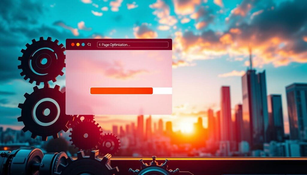 A vibrant, high-contrast scene depicting the concept of "page speed optimization." In the foreground, a sleek, minimalist web browser window prominently displays a loading progress bar, symbolizing the optimization process. The middle ground features a series of gears, levers, and technical components, representing the inner workings of website optimization. In the background, a cityscape with towering skyscrapers and a radiant sunset sky, conveying the idea of improved visibility and search rankings. The overall mood is one of dynamism, efficiency, and technological advancement, captured through a cinematic, wide-angle lens with dramatic lighting and depth of field.