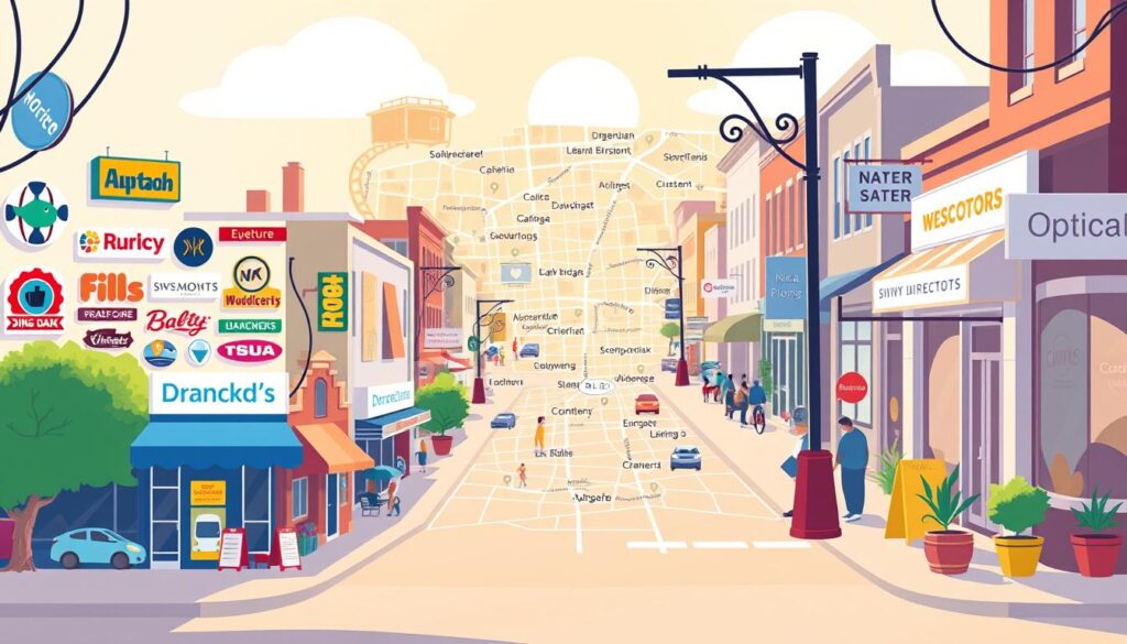 A vibrant illustration of neighborhood-focused online directories, showcasing a bustling local community. In the foreground, a diverse collection of business logos and icons representing various local enterprises - from mom-and-pop shops to community hubs. In the middle ground, a detailed map highlighting the boundaries of the neighborhood, with street names and landmarks clearly visible. In the background, a warm, sun-dappled street scene, featuring quaint storefronts, pedestrians, and a sense of local charm. The lighting is soft and natural, creating a welcoming, community-centric atmosphere. The overall composition conveys the importance of these neighborhood-specific online resources in connecting residents with the businesses and services that define their local area.