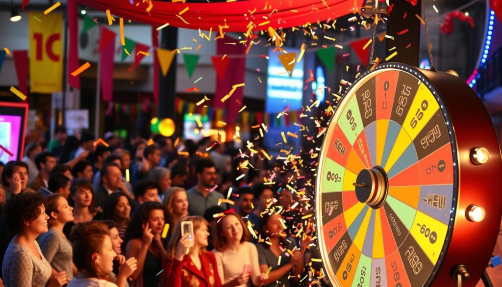 A vibrant local contest with an eye-catching display featuring a large prize wheel, confetti, and a cheerful crowd gathered around. The foreground shows the prize wheel spinning, creating an exciting atmosphere. The middle ground features participants eagerly awaiting their chance to spin and win, their faces filled with anticipation. The background showcases a lively town square setting, with colorful banners and decorations creating a festive ambiance. The lighting is warm and inviting, capturing the energy and excitement of the local community event. The overall scene conveys a sense of fun, engagement, and the potential for local businesses to generate valuable leads through such engaging contests and giveaways.