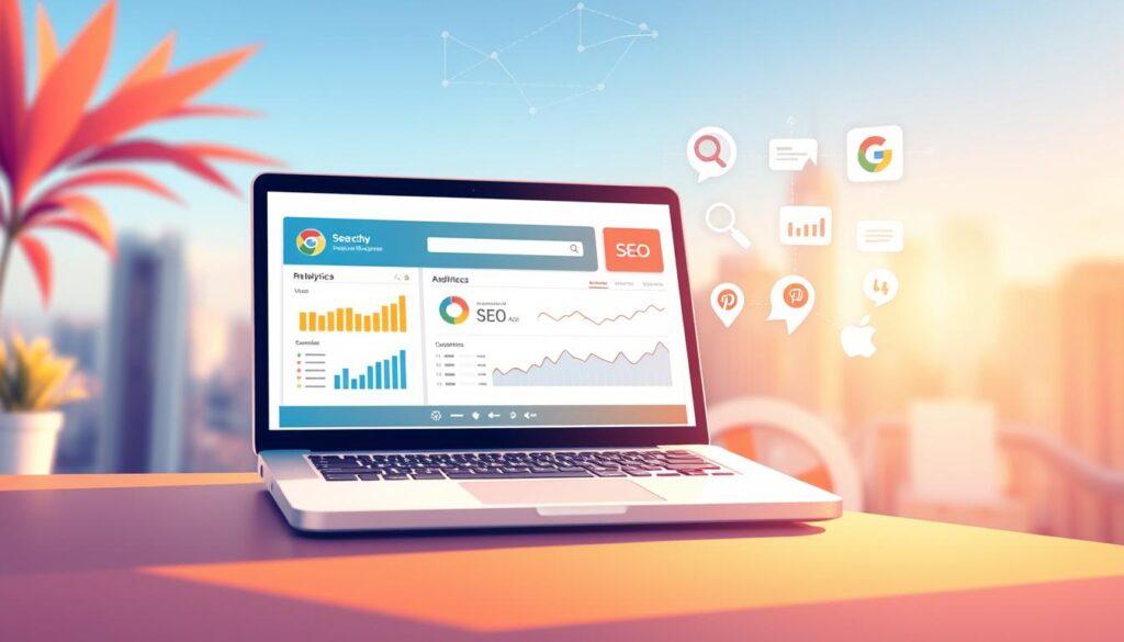 A vibrant, minimalist illustration depicting affordable SEO services. In the foreground, a laptop screen displays a search engine optimization dashboard, showcasing key metrics and analytics. The middle ground features various SEO-related icons and graphics, such as search engine logos, magnifying glasses, and line charts, all rendered in a clean, modern style. The background is a soft, blurred cityscape, hinting at the local nature of the services. The scene is bathed in warm, natural lighting, conveying a sense of accessibility and affordability. The overall mood is professional, informative, and approachable, reflecting the focus on providing high-quality SEO solutions at a reasonable cost.