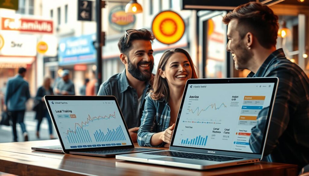 A vibrant, photorealistic image showcasing the concept of local lead generation. In the foreground, a small local business owner enthusiastically discusses their services with a potential customer, their faces lit by warm, natural lighting. In the middle ground, a laptop displays analytics and lead tracking software, highlighting the digital aspects of local lead generation. In the background, a bustling urban street scene with storefronts and pedestrians, conveying the local, community-driven nature of the subject. The overall mood is one of energy, enthusiasm, and the successful fusion of traditional and digital marketing strategies for small businesses.