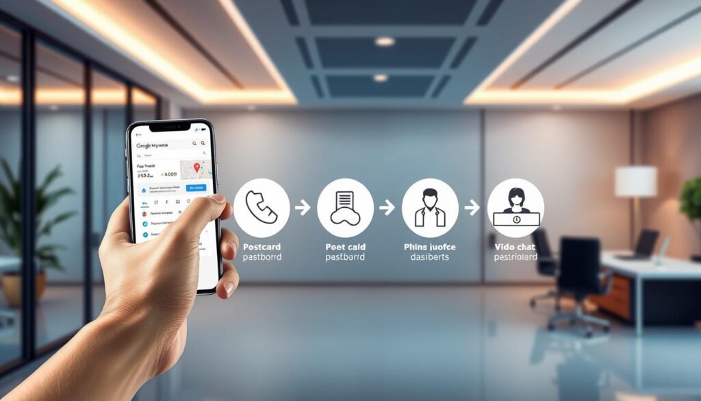 A vibrant, step-by-step illustration of the Google My Business verification process. In the foreground, a hand holds a smartphone displaying the GMB dashboard. The middle ground features a series of detailed icons representing the verification steps - postcard, phone call, video chat. In the background, a sleek, minimalist office environment with clean lines and warm lighting, conveying a sense of professionalism and efficiency. The overall mood is one of clarity, guidance, and the smooth completion of a crucial business task.