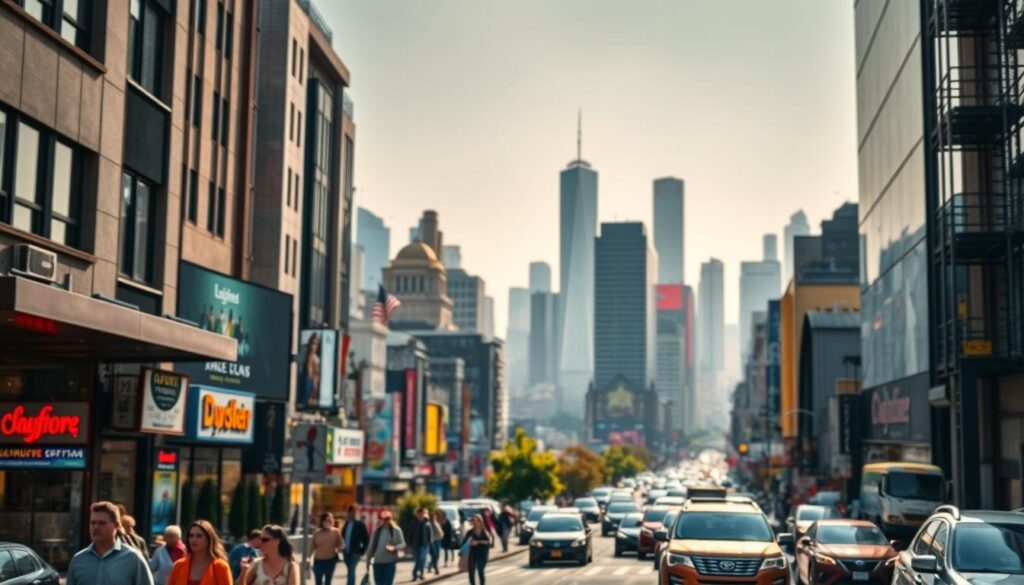 A vibrant urban cityscape, captured through the lens of a wide-angle camera. In the foreground, a bustling street scene with pedestrians and vehicles, showcasing the energy and dynamism of a thriving local community. The middle ground features a mix of modern and traditional architecture, with neon signs and digital displays highlighting the importance of local businesses and their digital presence. In the background, a hazy skyline with skyscrapers and landmarks, symbolizing the integration of local and global economies. The lighting is a warm, golden hue, creating a sense of optimism and possibility. The overall atmosphere conveys the critical nature of local SEO for startups, empowering them to stand out and connect with their target audience in a highly competitive landscape.