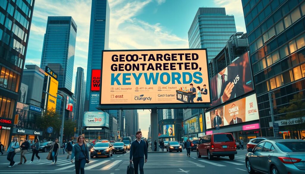 A vibrant, well-lit cityscape with a central focus on a large billboard displaying geotargeted keywords content strategy. The billboard features bold, eye-catching typography and graphical elements that convey the concept of localized, targeted digital marketing. In the foreground, pedestrians and vehicles move through the urban scene, suggesting a bustling, dynamic environment. The mid-ground showcases modern office buildings and skyscrapers, hinting at the professional context of the content strategy. The background features a clear, blue sky with soft, diffused lighting, creating an aspirational, successful atmosphere. The overall composition should balance the technical details of the content strategy with an engaging, visually appealing scene.
