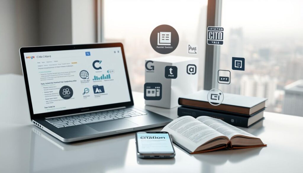 A well-lit, high-angle view of various digital citation sources and platforms displayed on a clean, minimalist workspace. In the foreground, a laptop screen showcases a search engine results page with different citation-related websites. Surrounding the laptop, various icons and logos representing popular citation management tools, academic databases, and industry-standard citation styles. In the middle ground, a smartphone displaying a mobile citation app, alongside a physical citation reference book. The background features a soft, out-of-focus cityscape, conveying a sense of connectivity and the global reach of citation sources. The overall mood is one of efficiency, organization, and the importance of diverse citation practices for boosting search rankings.