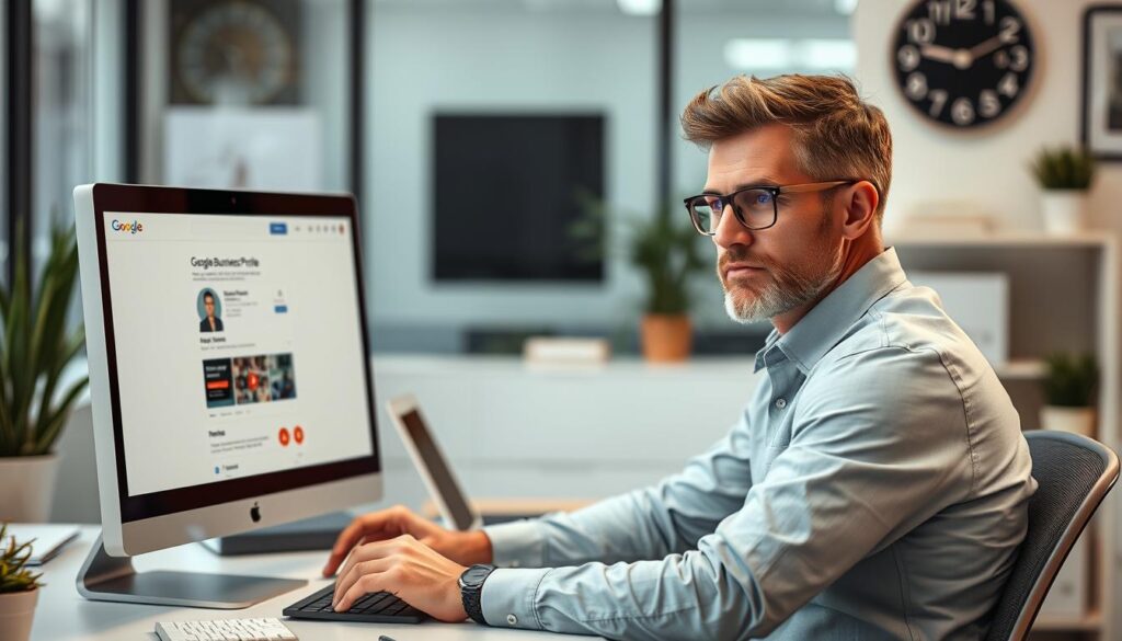 Create an image of a business owner verifying their Google Business Profile on a computer