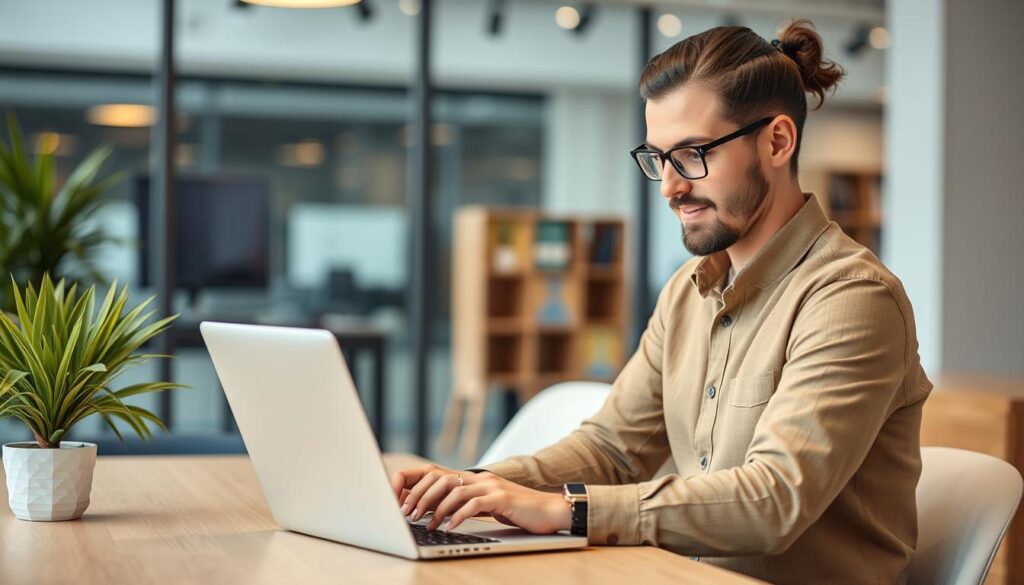 Generate an image of a business owner managing citations on a laptop