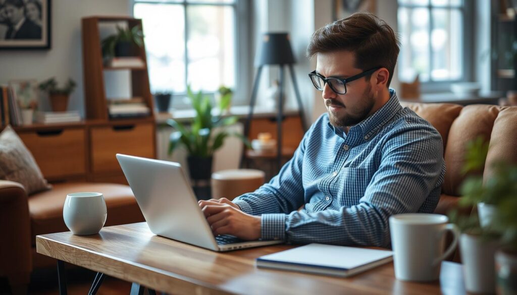 Generate an image of a local business owner using technical SEO tools on a laptop