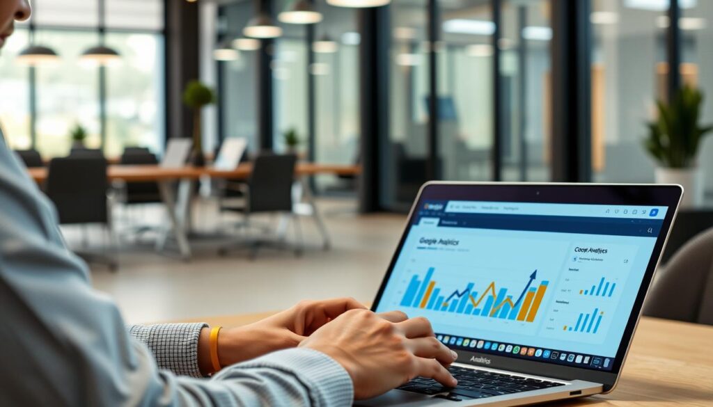 Generate an image of a person setting up Google Analytics on a computer