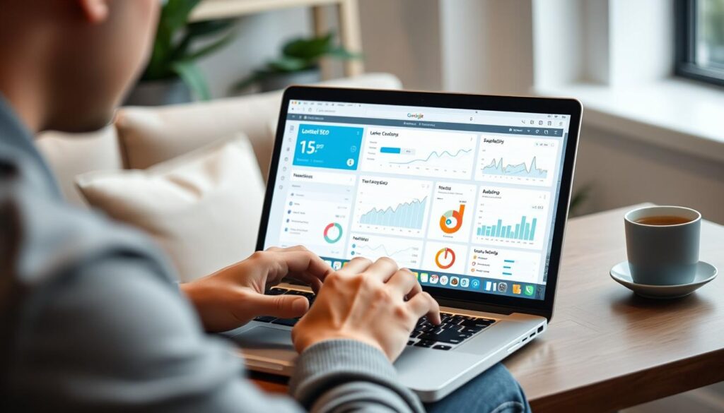 Generate an image of a person using a laptop with various local SEO tools on the screen.