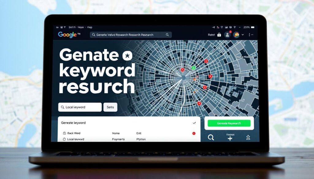 Generate image: Local keyword research on a laptop screen with a city map in the background