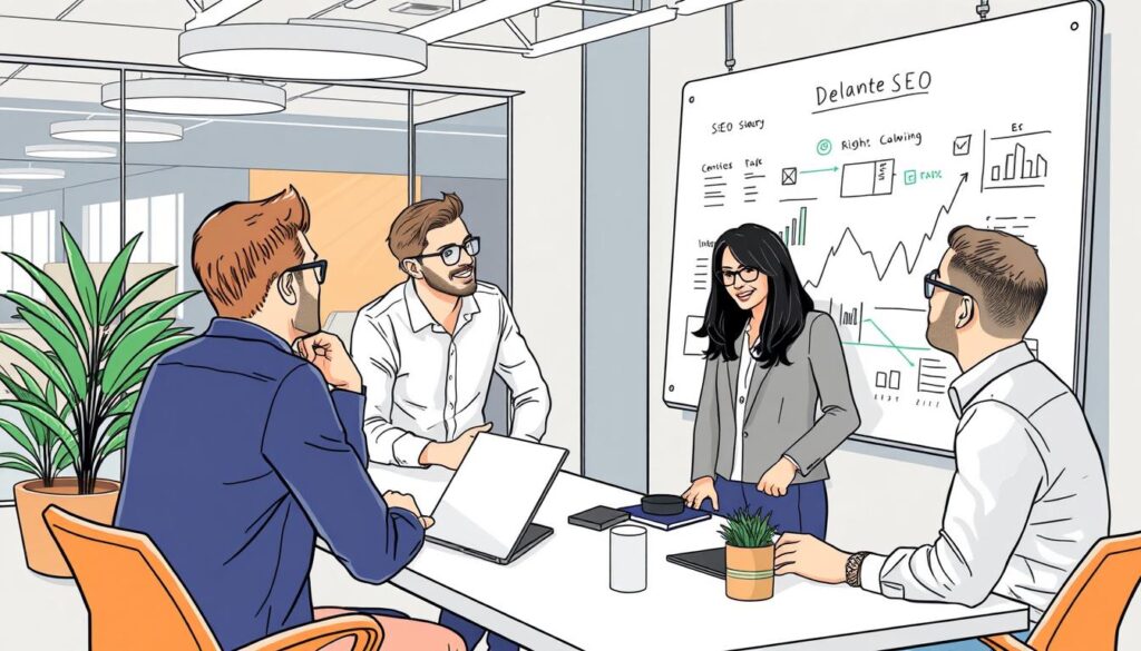 Image of Delante's team discussing international SEO strategies