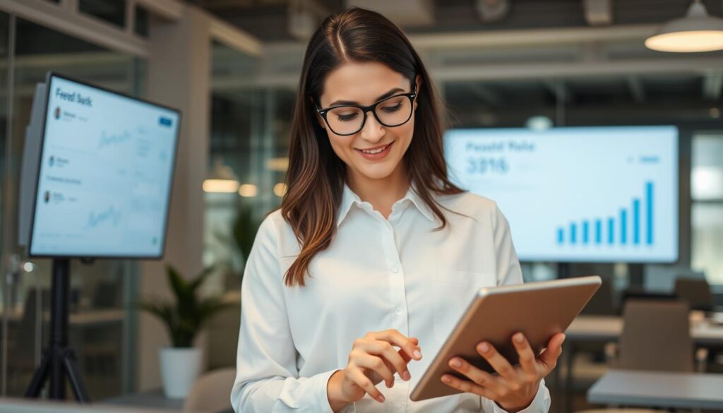 Image of a business owner managing reviews on a tablet