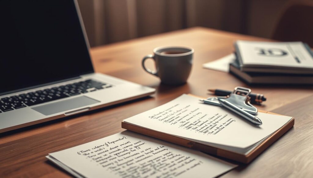 a beautifully crafted desk scene, with a laptop, a wooden clipboard, and a stack of customer reviews in the foreground. The reviews are handwritten on crisp white pages, conveying a sense of authenticity and personal attention. In the middle ground, a cup of coffee and a pen rest next to the laptop, creating a cozy, focused atmosphere. The background is softly blurred, with warm, muted tones that suggest a professional office setting. Soft, directional lighting illuminates the scene, casting subtle shadows and highlights that add depth and dimension. The overall mood is one of thoughtful consideration and diligent response to customer feedback.