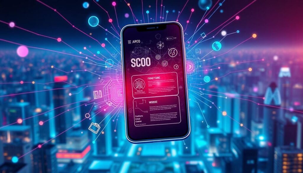 a highly detailed digital illustration of mobile optimization, featuring a smartphone floating in the foreground with a glowing, futuristic user interface displayed on its screen. The smartphone is surrounded by a swirling array of digital elements, including data streams, geometric shapes, and network connections, all rendered in a vibrant, neon-infused color palette. In the middle ground, a sleek, minimalist website layout is visible, highlighting the importance of responsive design. The background is filled with a dynamic, ever-changing cityscape, symbolizing the rapidly evolving digital landscape and the need for businesses to adapt their online presence to the mobile-first world of 2024.