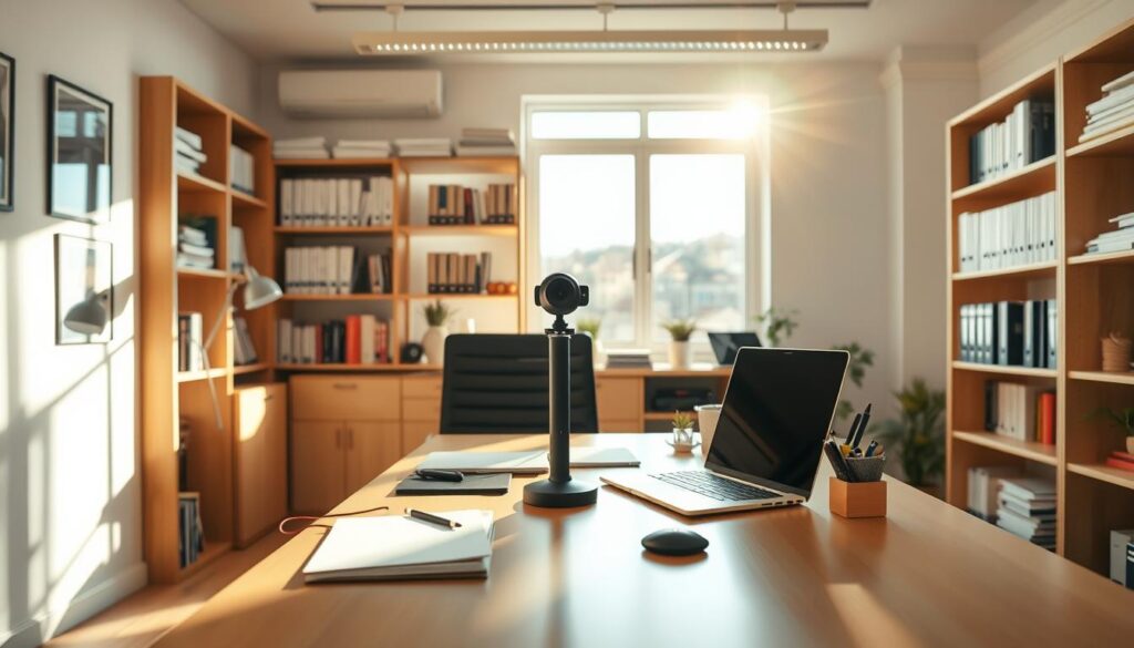A bright, sunlit office space, with a professional desk and chair set up in the center. On the desk, a laptop, a webcam, and various office supplies are neatly arranged. The background features shelves filled with books and documents, conveying a sense of organization and productivity. The lighting is warm and inviting, with a mix of natural sunlight and subtle, indirect lighting. The camera is positioned at a slightly elevated angle, capturing the setup from a slightly overhead perspective, emphasizing the sense of preparation and readiness for the video verification process.