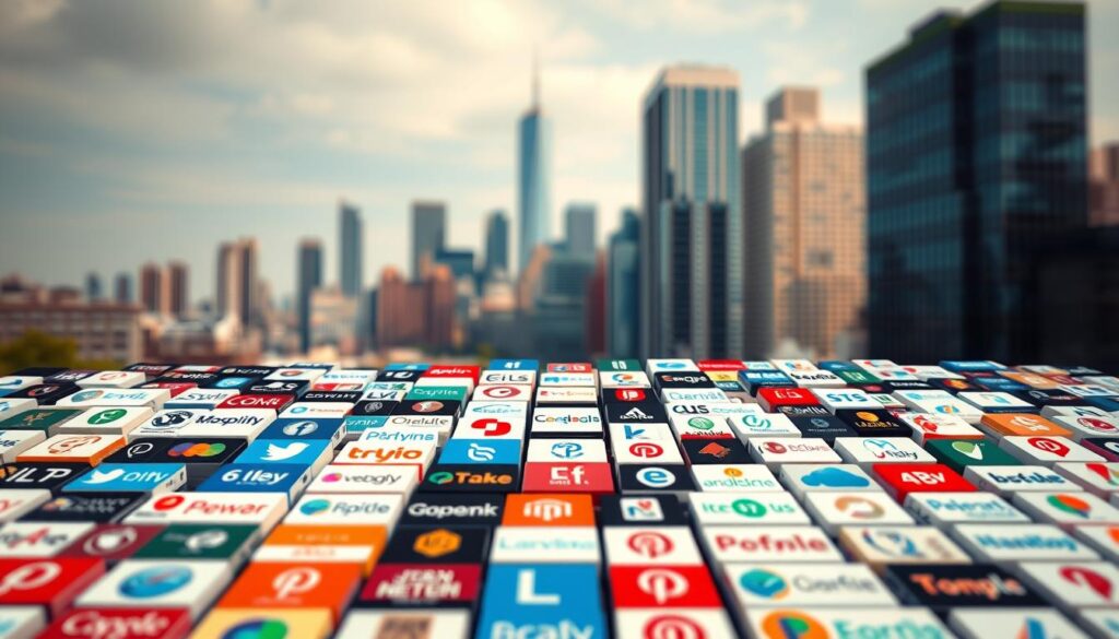 A bustling digital landscape of local SEO citation sites, captured in a vibrant, realistic style. The foreground features a grid of various website icons and logos, each representing a reputable online directory for local business listings. The middle ground showcases a city skyline with towering skyscrapers, hinting at the urban connectivity and digital infrastructure that supports these citation platforms. The background is softly blurred, evoking a sense of depth and emphasizing the focal points. The lighting is natural and warm, casting a subtle glow across the scene, conveying the value and importance of these citation sources for local businesses.