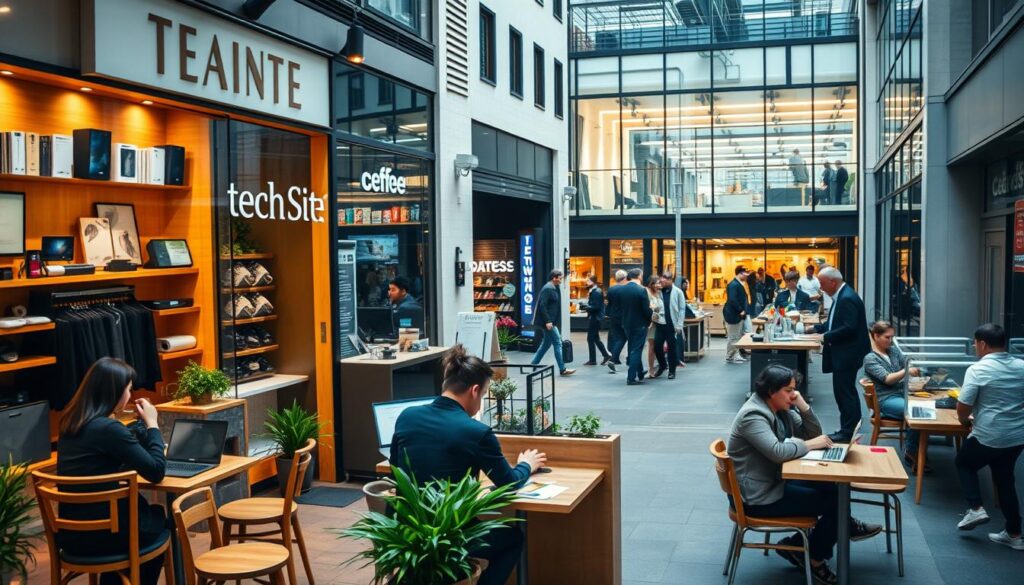 A bustling urban street with a row of vibrant, tech-enabled local businesses. In the foreground, a cozy café with stylish wooden furnishings and patrons tapping away on laptops. In the middle ground, a modern retail store showcasing the latest gadgets and innovations. In the background, a sleek co-working space with floor-to-ceiling windows, collaborative workspaces, and people engaged in animated discussions. Warm, diffused lighting bathes the scene, creating a welcoming atmosphere. The composition is captured from a slight overhead angle, emphasizing the interconnectedness and synergy of these tech-savvy local enterprises.